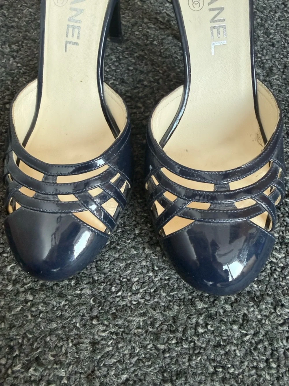 CHANEL Navy Patent Leather Strappy D'Orsay Heels